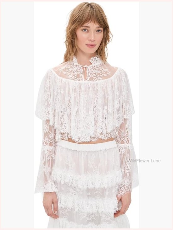Tops - Scallop Trim Floral Lace Mock Neck Blouse